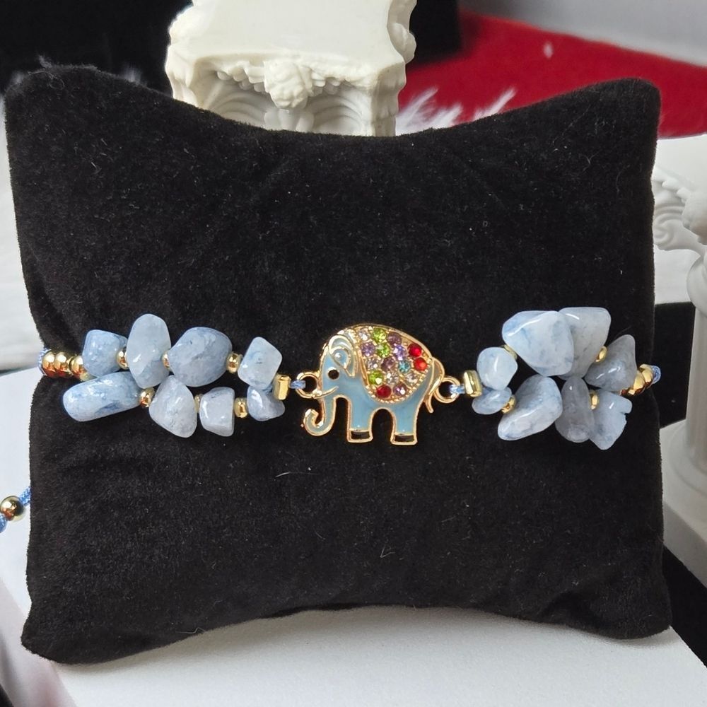 Aquamarine Crystal Beaded Elephant Bracelet Adjustable String Gold Enamel Charm